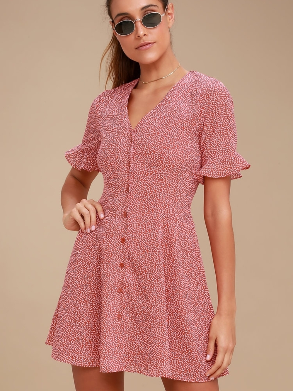 Lulu's Dusty Pink Button-Up V-Neck Mini Dress